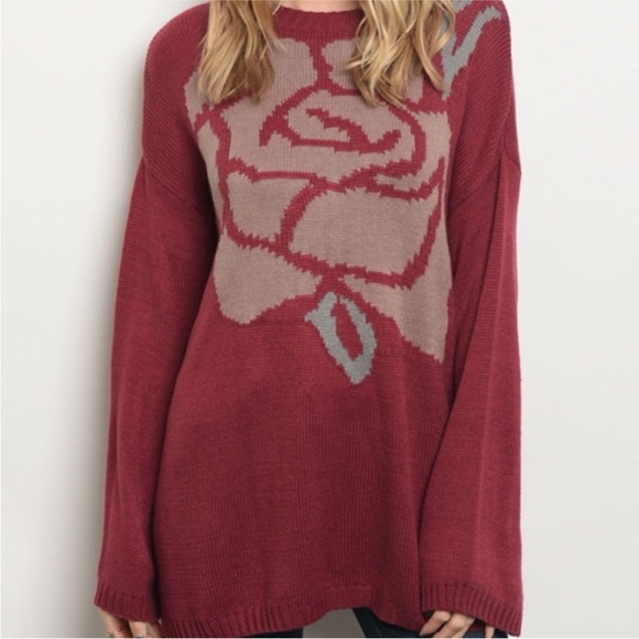 mittoshop Sweaters - NWT Oversized Rose Print Sweater in Burgundy & Grey